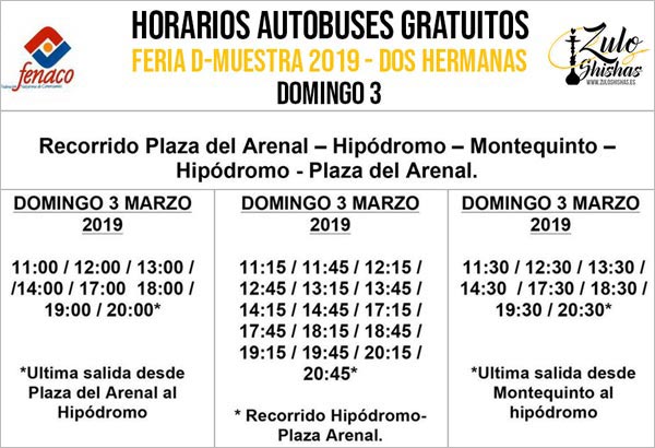 Horarios de autobuses gratuitos para visitantes a la Feria DMuestra 2019, en Dos Hermanas, Sevilla