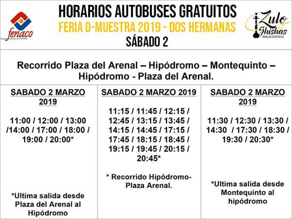 Horarios de autobuses gratuitos para visitantes a la Feria DMuestra 2019, en Dos Hermanas, Sevilla