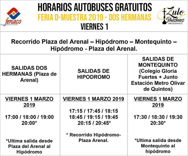 Horarios de autobuses gratuitos para visitantes a la Feria DMuestra 2019, en Dos Hermanas, Sevilla